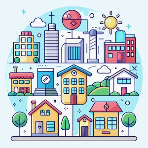 Colorful Illustration of Different Types of Buildings in a City. Girl Scout Workshop at Studio Bella for Kids